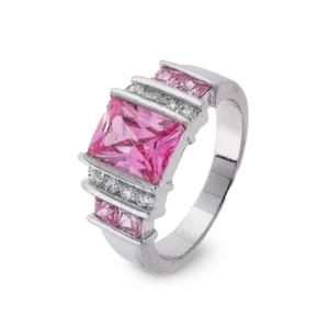 Silberring mit rosa Zirkoniastein und funkelnden Akzenten.