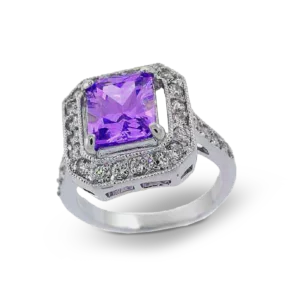 Eleganter Silberring mit viereckigem violettem Zirkonia.