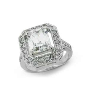 Eleganter Silberring mit quadratischem Zirkoniastein, veredelt mit funkelnden Zirkonia-Akzenten.