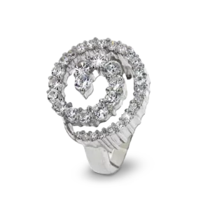 Diamantbesetzter Silberring in Schneckenform.