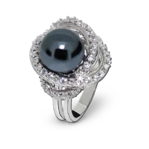 Designer-Ring mit blau-grauer Perle im eleganten Design.