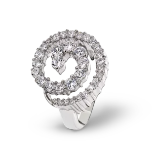 Diamantbesetzter Silberring in Schneckenform.
