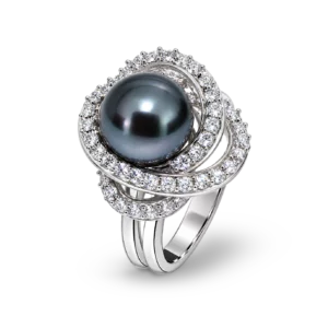 Designer-Ring mit blau-grauer Perle im eleganten Design.