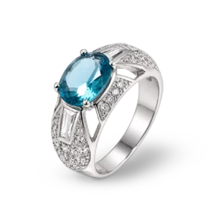 Silberner Ring mit blauem Zirkonia-Stein.