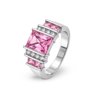 Silberring mit rosa Zirkoniastein und funkelnden Akzenten.