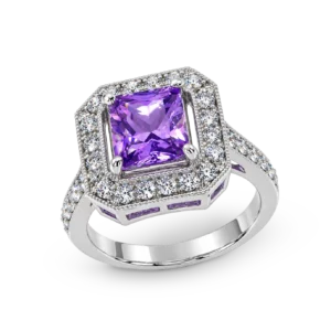 Eleganter Silberring mit viereckigem violettem Zirkonia.