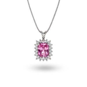 Quadratischer Diamantkettenanhänger in rosa.